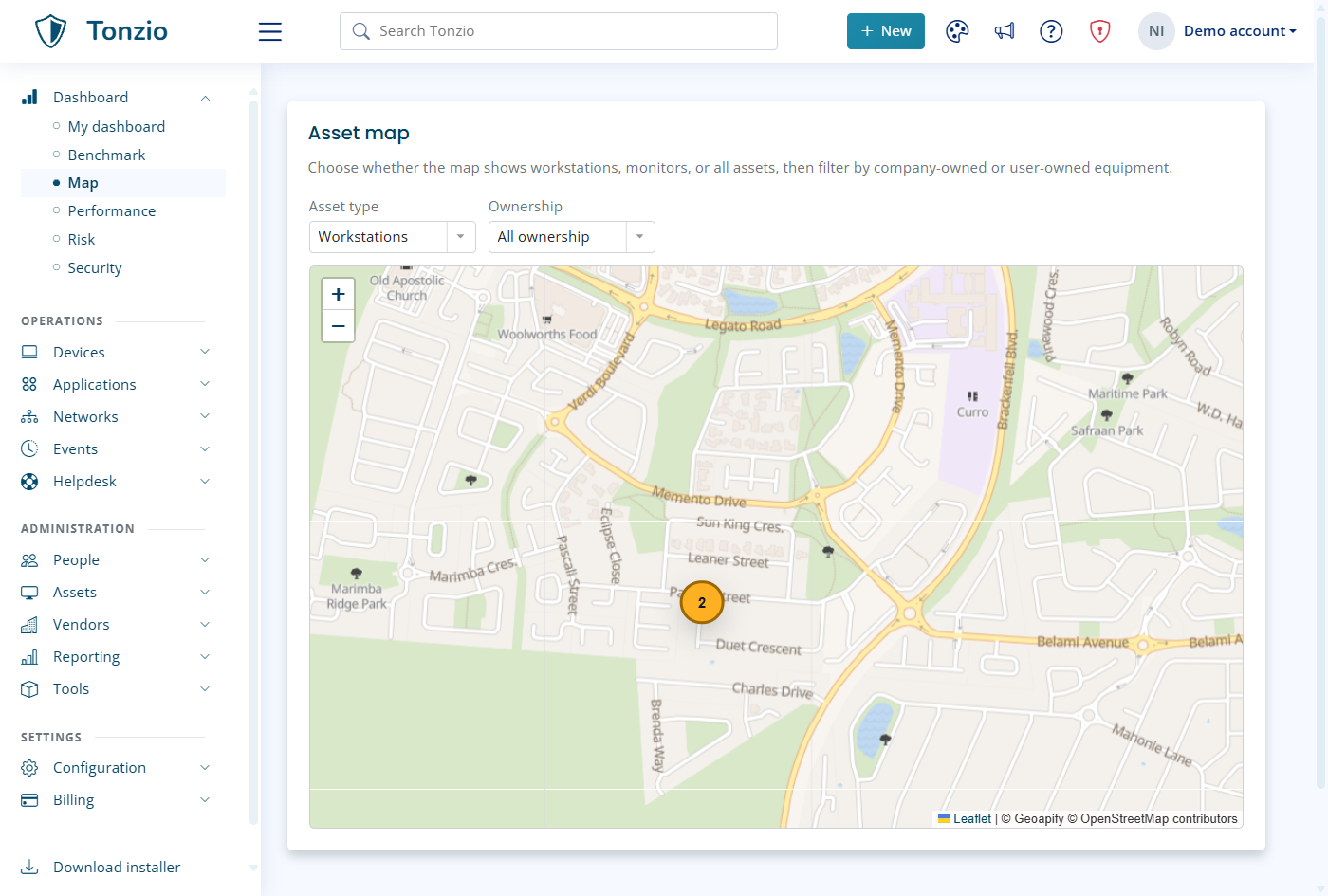 Tonzio asset map showing grouped workstation locations