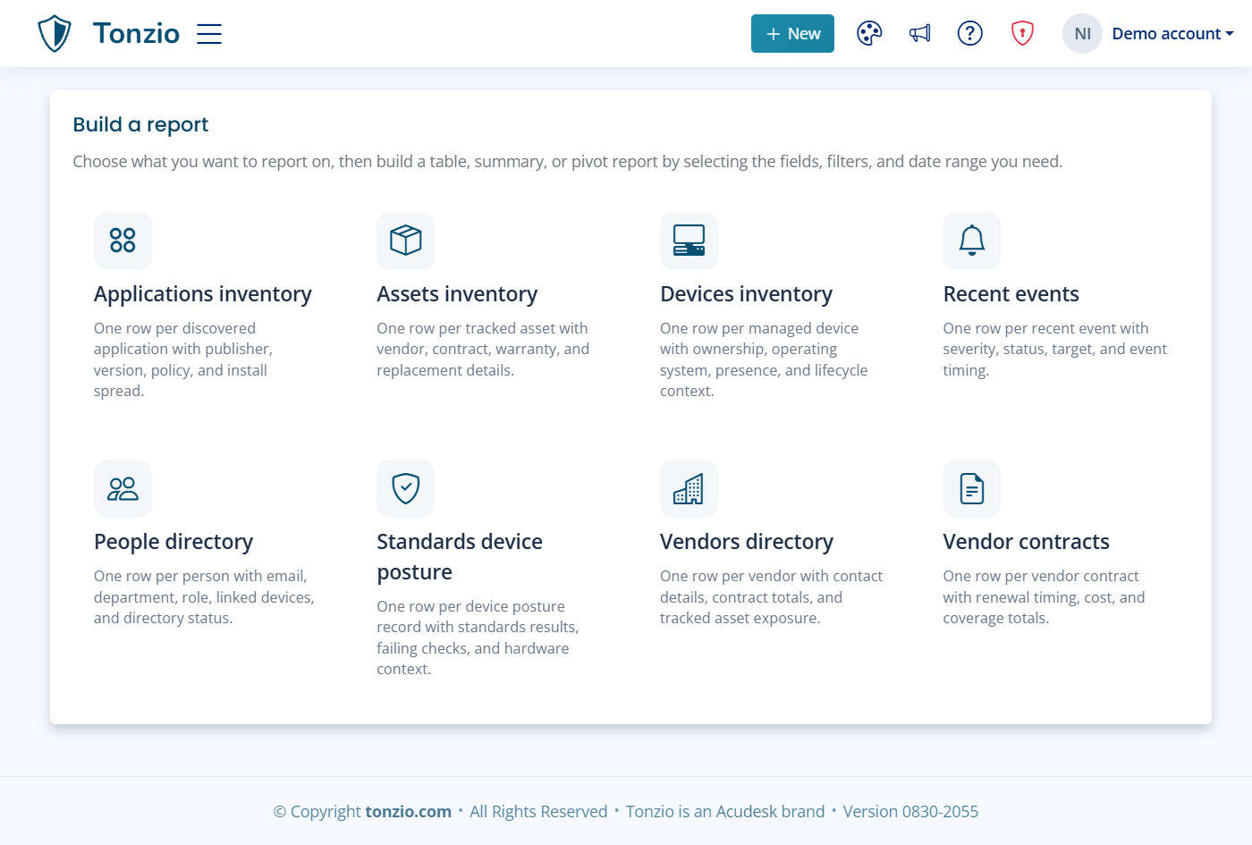 Tonzio report builder with application, asset, device, event, people, posture, vendor and contract datasets
